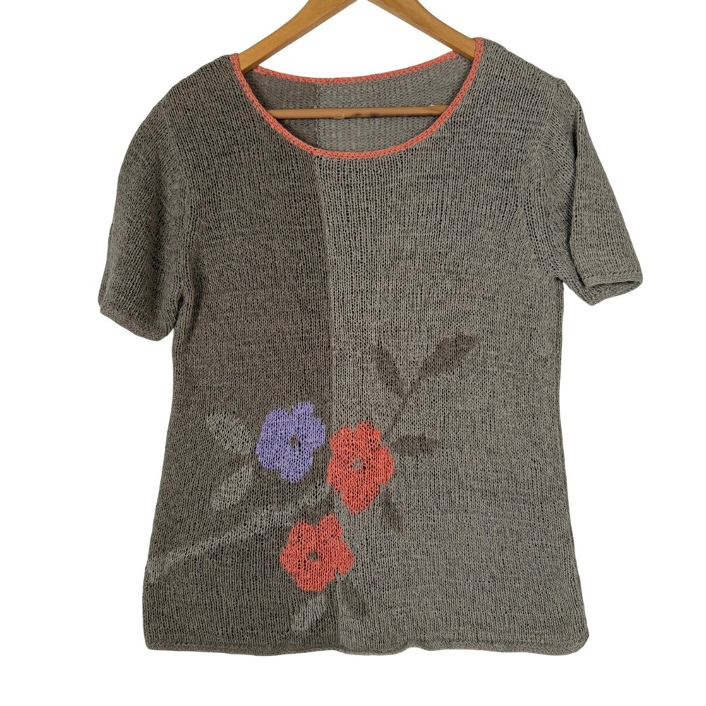 Unbranded Floral Knit Top Womens M Taupe Linen Blend Short Sleeve IG-M6549A